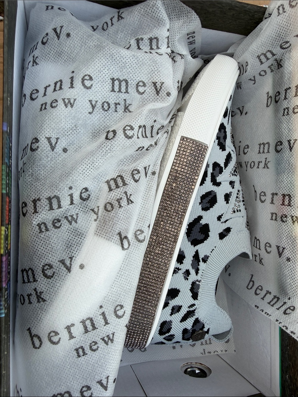 Bernie Mev Women's White & Black Leopard Slip-On Sneaker with Rhinestone Trimus5
